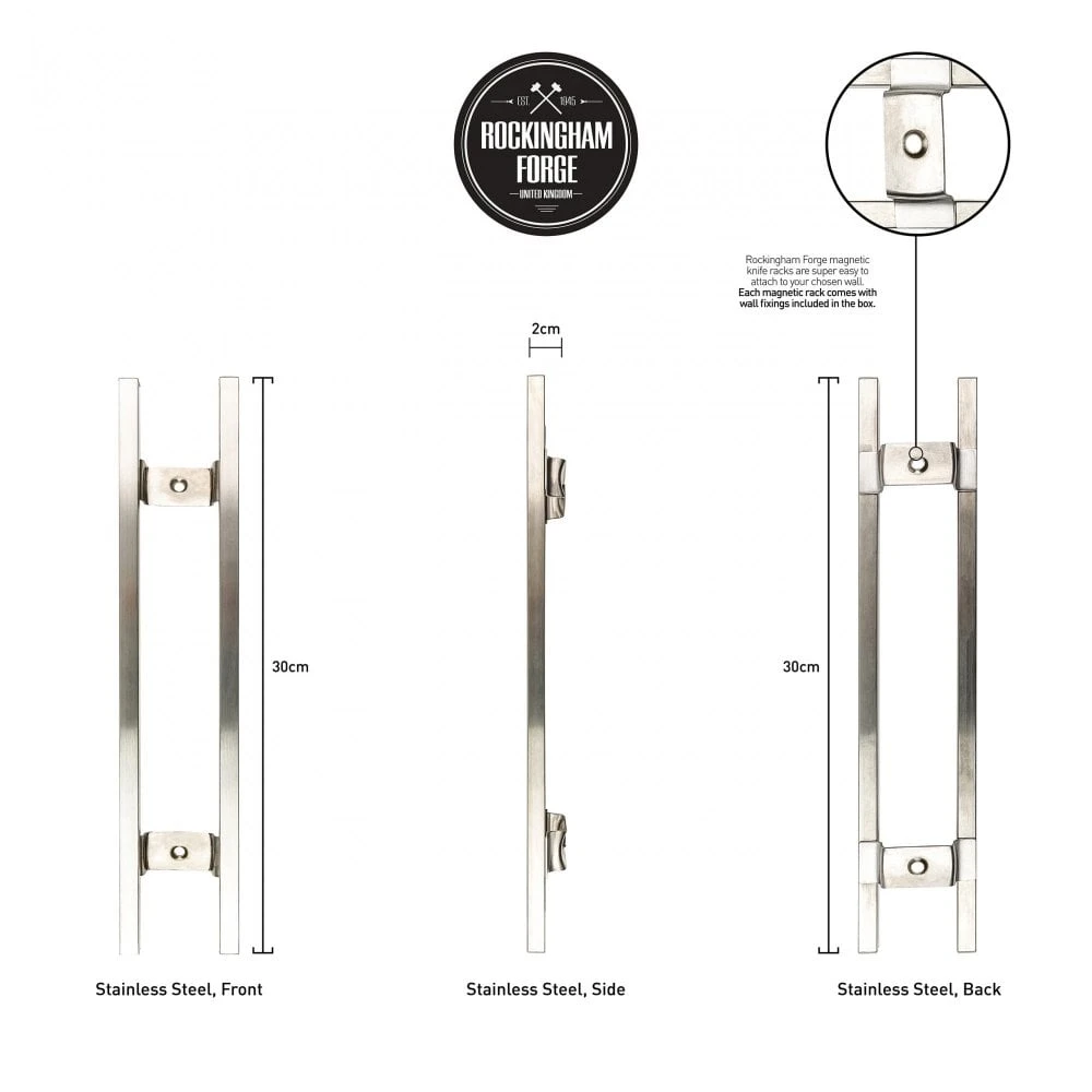 Rockingham Forge 12" Magnetic Stainless Steel Knife Rack With 6 Utensil Hooks And Wall Fixings 5 Rockingham Forge 12" Magnetic Stainless Steel Knife Rack With 6 Utensil Hooks And Wall Fixings - Image 5