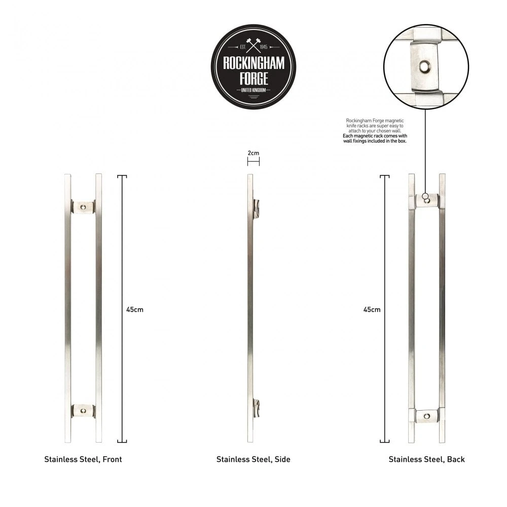Rockingham Forge 18" Magnetic Stainless Steel Knife Rack With 6 Utensil Hooks And Wall Fixings 4 Rockingham Forge 18" Magnetic Stainless Steel Knife Rack With 6 Utensil Hooks And Wall Fixings - Image 4