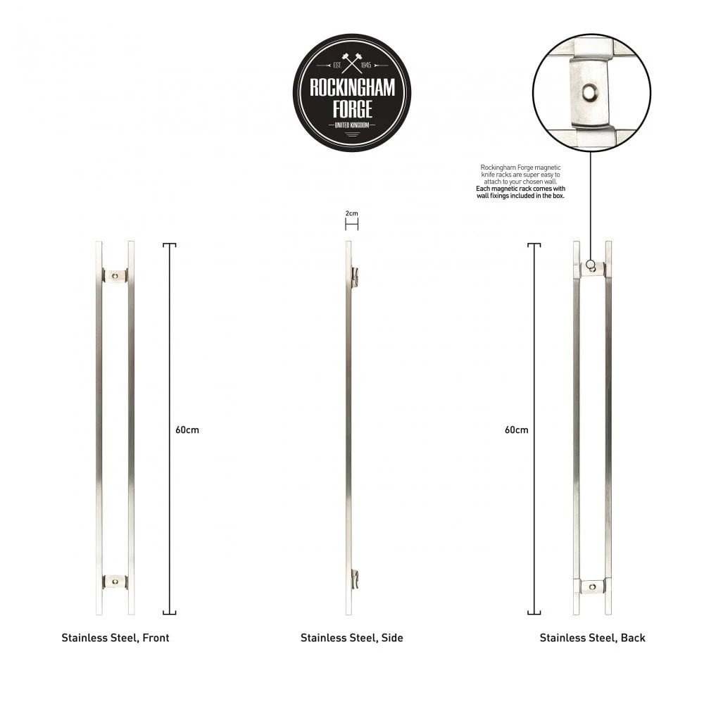 Rockingham Forge 60cm Magnetic Stainless Steel Knife Rack With 6 Utensil Hooks And Wall Fixings 5 Rockingham Forge 60cm Magnetic Stainless Steel Knife Rack With 6 Utensil Hooks And Wall Fixings - Image 5