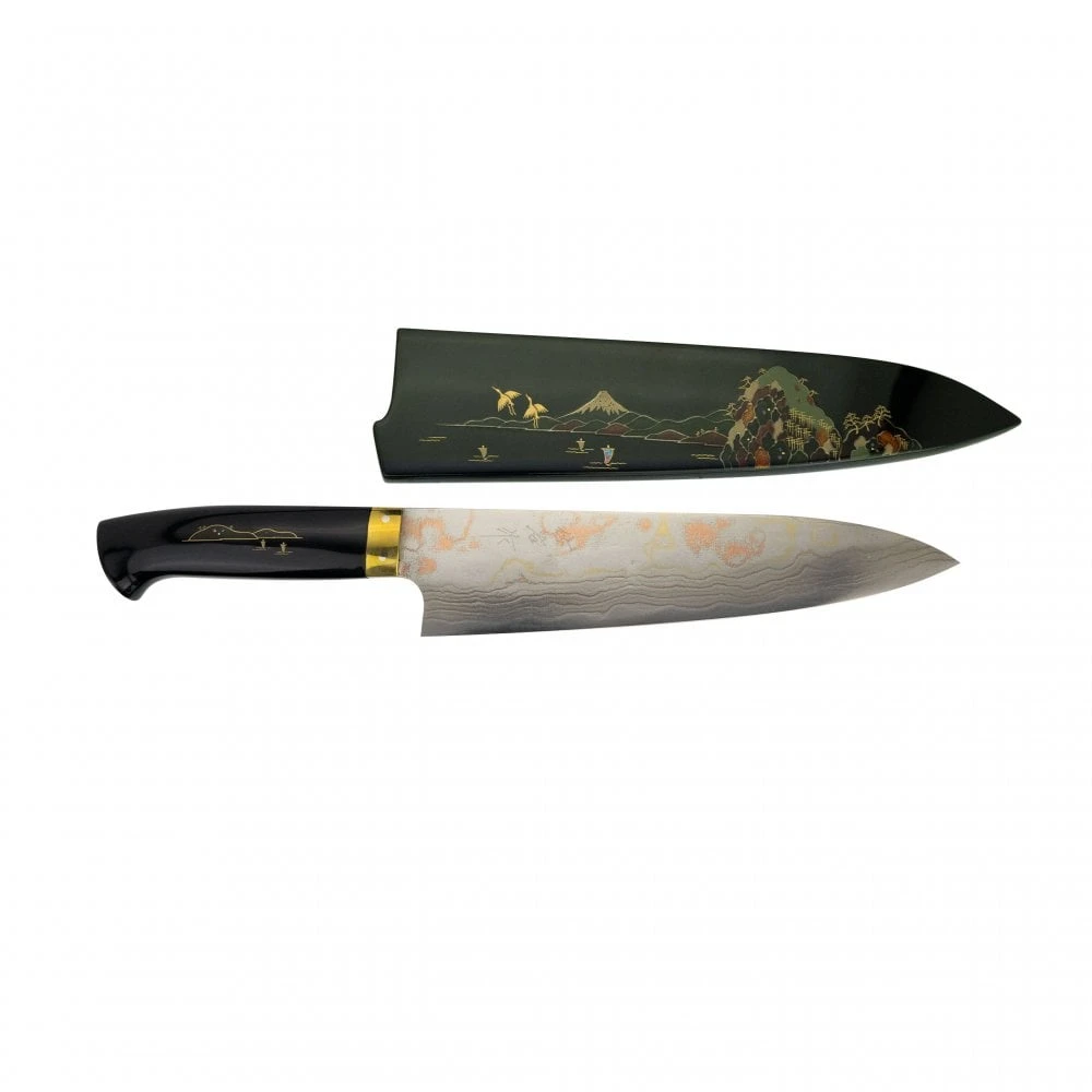 Takeshi Saji Takeshi Saji Makie -Art R2 AOGAMI NO.2 Coloured Damascus Japanese Chef's Gyuuto Knife 210mm With Urushi Laquered Saya And Custom Handle FUJI On Lake 3 Takeshi Saji Takeshi Saji Makie -Art R2 AOGAMI NO.2 Coloured Damascus Japanese Chef's Gyuuto Knife 210mm With Urushi Laquered Saya And Custom Handle FUJI On Lake - Image 3